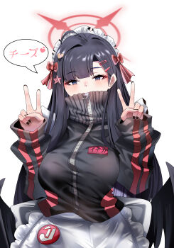 1girl absurdres adapted_costume ahoge apron black_hair black_jacket black_nails black_wings blue_archive blue_eyes blunt_bangs bow breasts commentary_request covered_mouth double_v ekf_voddl feathered_wings frilled_apron frills hair_bow hair_ornament hairclip halo heart heart_hair_ornament highres ichika_(blue_archive) jacket jersey_maid large_breasts long_hair long_sleeves looking_at_viewer low_wings maid maid_apron maid_headdress name_tag red_bow red_halo simple_background solo star_(symbol) star_hair_ornament track_jacket unconventional_maid upper_body v waist_apron white_apron white_background wings zipper zipper_pull_tab