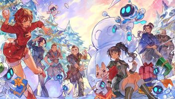 4boys 4girls aloy_(horizon) astro_bot_(series) atreus bald beard black_hair bodypaint breasts character_request copyright_request crossover eve_(stellar_blade) facial_hair father_and_son god_of_war god_of_war_ragnarok highres horns kratos_(god_of_war) lily_(stellar_blade) long_hair mimir_(god_of_war) multiple_boys multiple_crossover multiple_girls official_art pale_skin ponytail robot short_hair stellar_blade very_long_hair