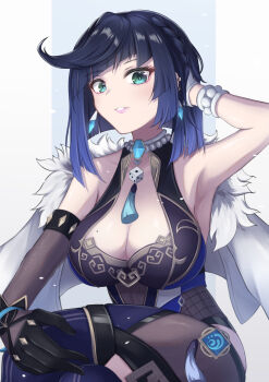 1girl aqua_eyes armpits asymmetrical_gloves bare_shoulders bead_choker beads black_hair blue_hair bob_cut bodysuit breasts cleavage diagonal_bangs dice elbow_gloves feather-trimmed_jacket feather_collar fur-trimmed_jacket fur_trim genshin_impact gloves highres jacket jacket_on_shoulders large_breasts mismatched_gloves mole mole_on_breast neck_tassel short_hair single_elbow_glove smile solo tassel tassel_choker teruhoshi yelan_(genshin_impact)