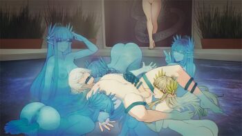 1boy 2girls arknights ass breasts brown_hair clone clone_harem commentary_request completely_nude doctor_(arknights) elf femdom harem ho&#039;olheyak_(arknights) kddie laurel_crown long_hair male_doctor_(arknights) medium_breasts muelsyse_(arknights) multiple_girls navel nipples nude partially_submerged pointy_ears snake_tail tail testicles water white_eyes white_hair yellow_eyes