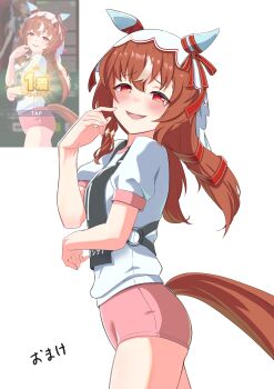 1girl absurdres alternate_costume animal_ears blunt_bangs blush breasts brown_hair buruma commentary_request grin hair_between_eyes hair_ornament highres horse_ears horse_girl horse_tail kazoku_chicken long_hair looking_at_viewer open_mouth photo-referenced screencap small_breasts smile solo still_in_love_(umamusume) tail umamusume veil