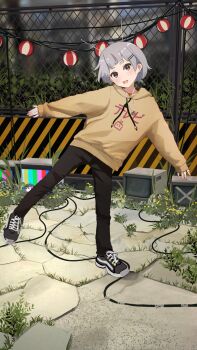 Rule 34 | 1girl, :d, antennae, artist name, balancing, black pants, black shoes, blunt bangs, blurry, blurry background, blush, bob cut, brown eyes, bush, cable, chain-link fence, clothes writing, commentary, crt, fake antennae, fence, flower, foliage, foot up, full body, grey hair, hair ornament, hairclip, head tilt, highres, hood, hood down, hoodie, katya (servachok), lantern, long sleeves, looking at viewer, open mouth, original, outdoors, outstretched arms, pants, paper lantern, rabbit ears antenna, radio antenna, russian commentary, servachok, shoes, short eyebrows, short hair, sign, sleeves past wrists, smile, sneakers, solo, standing, standing on one leg, stone floor, string of light bulbs, television, test card, thick eyebrows, translated, very short hair, warning sign, weeds, yellow flower, yellow hoodie