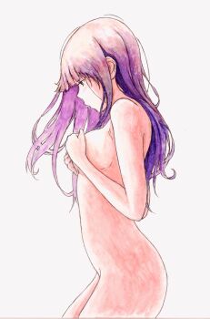 Rule 34 | 1girl, absurdres, bbmasa, breasts, commentary, cowboy shot, from side, grabbing own breast, gradient background, grey background, hand on own chest, hibike! euphonium, highres, liz to aoi tori, long hair, medium breasts, profile, purple hair, red eyes, solo, traditional media, yoroizuka mizore