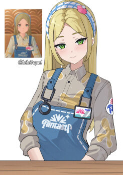 1girl absurdres bibitapel blonde_hair blue_dress commentary dress game_screenshot_inset green_eyes grey_shirt hairband hashtag-only_commentary highres long_sleeves looking_at_viewer npc_(zenless_zone_zero) parted_bangs shirt simple_background sleeves_rolled_up smile therese_(zenless_zone_zero) twitter_username upper_body white_background white_hairband zenless_zone_zero