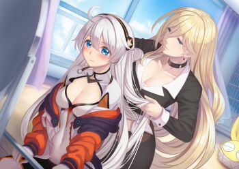 2girls :d ahoge durandal_(honkai_impact) black_choker black_jacket black_skirt blonde_hair blue_eyes blue_sky blush bodysuit breasts choker cleavage cleavage_cutout closed_mouth clothing_cutout comb curtains dress durandal_(valkyrie_gloria)_(honkai_impact) earrings holding holding_comb homu_(honkai_impact) honkai_(series) honkai_impact_3rd indoors jacket jewelry kiana_kaslana kiana_kaslana_(white_comet) koko_(koko3) long_hair long_sleeves looking_at_mirror mirror multiple_girls open_mouth siblings sisters skirt sky smile white_bodysuit white_dress white_hair window
