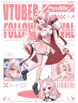 1girl animal_ears armpits artist_request bare_shoulders black_boots black_choker boots breasts choker cleavage criss-cross_halter crop_top down_jacket extra_ears fishnet_thighhighs fishnets fox_ears fox_girl fox_tail full_body halterneck hand_up headphones headphones_around_neck highres indie_virtual_youtuber jacket kagura_ura large_breasts long_sleeves looking_at_viewer midriff miniskirt multicolored_hair navel off_shoulder open_mouth pink_hair pink_skirt pleated_skirt red_eyes second-party_source shirt short_hair side_slit single_thighhigh skirt sleeveless sleeveless_shirt smile solo stomach tail thighhighs thighs two-tone_hair virtual_youtuber white_hair white_jacket white_shirt