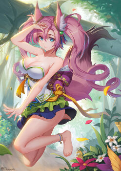 1girl animal_ears anklet bare_arms bare_legs bare_shoulders barefoot blue_eyes breasts cleavage drill_hair feet female_focus flower forest fox_ears fox_tail hair_between_eyes hand_on_own_forehead jewelry jumping large_breasts layered_skirt legs leo_thasario long_hair looking_at_viewer miniskirt nature original outdoors outstretched_arm path petals pink_hair revision road sash skirt smile solo strapless sunlight tail toes tree twin_drills twintails twitter_username very_long_hair
