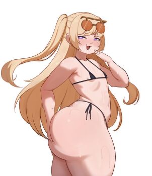 1girl ass azur_lane bache_(azur_lane) bikini black_bikini blonde_hair blush breasts cowboy_shot fang from_side grabbing_own_ass huge_ass kyojiri_loli long_hair micro_bikini purple_eyes side-tie_bikini_bottom small_breasts smile smug solo standing sunglasses_on_head sweat swimsuit transparent_background triagorodri