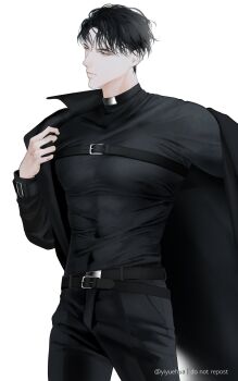 1boy abs belt black_coat black_hair black_shirt chest_belt coat cowboy_shot curtained_hair dressing hand_up highres male_focus omniscient_reader&#039;s_viewpoint outstretched_arm popped_collar serious shirt short_hair solo tight_clothes tight_shirt toned toned_male yiyuehua yoo_joonghyuk