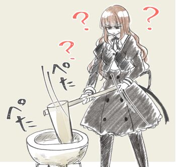 Rule 34 | 1girl, ?, assault lily, black eyes, black pantyhose, black ribbon, black skirt, brown background, brown hair, commentary request, cropped jacket, feet out of frame, high-waist skirt, holding, holding mallet, juliet sleeves, kaede johan nouvel, kine, long hair, long sleeves, looking at object, looking down, mallet, mochitsuki, motion lines, neck ribbon, pantyhose, parted lips, puffy sleeves, ribbon, school uniform, shaded face, shindo, simple background, skirt, solo, standing, sweatdrop, translated, v-shaped eyebrows, wavy hair, yurigaoka girls academy school uniform
