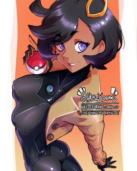 1girl ass black_hair breasts dark-skinned_female dark_skin emma_(pokemon) gloves haysey highres jacket large_breasts nintendo poke_ball pokemon pokemon_legends:_z-a purple_eyes short_hair teeth