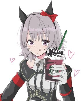 1girl animal_ears blush bow breasts coat commentary_request curren_chan_(fille_eclair)_(umamusume) curren_chan_(umamusume) dress ear_bow ear_covers grey_hair hair_between_eyes highres horse_ears horse_girl horse_tail jaggy_lines long_sleeves looking_at_viewer off-shoulder_coat off-shoulder_jacket off_shoulder purple_eyes red_bow ryouta_1008 shirt short_hair simple_background smile solo striped_clothes striped_dress tail umamusume vertical-striped_clothes vertical-striped_dress