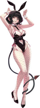 1girl absurdres alternate_costume animal_ears armpits between_breasts black_hair black_leotard black_necktie breasts cleavage clothing_cutout collar commentary_request detached_collar fake_animal_ears fishnet_pantyhose fishnets full_body heart_cutout high_heels highleg highleg_leotard highres jane_doe_(zenless_zone_zero) korean_commentary large_breasts leotard malsuk mouse_ears navel navel_cutout necktie necktie_between_breasts o-ring pantyhose parted_lips rabbit_ears rabbit_pose simple_background solo teeth upper_teeth_only white_background white_collar white_wrist_cuffs wrist_cuffs zenless_zone_zero