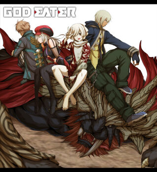 Rule 34 | 2boys, 2girls, alisa ilinichina amiella, aragami, blue eyes, blush, breasts, brown hair, chiot (god eater), commentary request, dark-skinned male, dark skin, elbow gloves, fangs, fingerless gloves, gloves, god eater, god eater burst, hat, hood, hood down, itouei, kannagi yuu (god eater), letterboxed, long hair, looking at viewer, medium breasts, midriff, monster, multiple boys, multiple girls, pale skin, pantyhose, photoshop (medium), player (god eater burst), revision, short hair, skirt, soma schicksal, thighhighs, underboob, vajra (god eater), white hair, yellow eyes