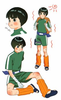 1boy absurdres backpack bag bandaged_arm bandaged_hand bandages black_eyes black_hair black_shoes blue_headband blunt_bangs blush bowl_cut full_body green_shirt green_shorts headband highres injury leg_warmers light_smile m0_mo_momo male_focus multiple_scars multiple_views naruto_(classic) naruto_(series) open-toe_shoes orange_bag orange_leg_warmers rock_lee scar scar_on_arm scar_on_leg shirt shoes short_hair shorts sitting solo standing sun sweat t-shirt thick_eyebrows upper_body white_background
