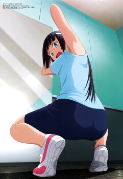 1girl absurdres armpits ass black_hair blue_eyes blush breasts dumbbell_nan_kilo_moteru? female_focus full_body green_eyes highres long_hair looking_at_viewer medium_breasts megami_magazine official_art open_mouth smile solo souryuuin_akemi sportswear squatting tank_top yokota_takumi