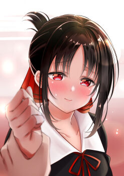 1girl absurdres black_dress blush collarbone commentary_request dress folded_ponytail hair_ribbon hanakuma_mano highres holding_another&#039;s_wrist kaguya-sama_wa_kokurasetai_~tensai-tachi_no_renai_zunousen~ long_sleeves looking_at_viewer neck_ribbon parted_bangs red_eyes red_ribbon ribbon school_uniform shinomiya_kaguya short_hair shuuchiin_academy_school_uniform sidelocks solo_focus sweatdrop