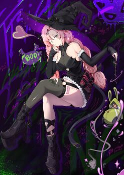 1girl absurdres alternate_costume alternate_hairstyle amillion_(zenless_zone_zero) bangboo_(zenless_zone_zero) bare_shoulders black_boots black_hat black_shirt black_sleeves book boots braid braided_twintails breasts clothing_cutout commentary cross-laced_clothes cross-laced_top crossed_legs dark_background earrings english_commentary fur-trimmed_sleeves fur_trim graffiti green_hair hair_ornament hairclip halloween_costume hat head_rest head_tilt heart heart_necklace highres holding holding_wand jayjeerat jewelry large_breasts large_hat leg_tattoo long_hair looking_at_viewer magic mole mole_under_eye necklace nicole_demara one_eye_closed pink_hair see-through_clothes shirt single_thighhigh sitting solo stuffed_toy tattoo thighhighs torn_clothes torn_thighhighs underboob_cutout wand witch witch_hat zenless_zone_zero