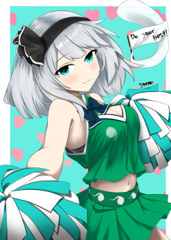 Rule 34 | 1girl, absurdres, adapted costume, alternate costume, aqua background, aqua eyes, artist name, bare shoulders, black hairband, black ribbon, blue bow, blue bowtie, blush, border, bow, bowtie, breasts, cheering, cheerleader, cleavage, cleavage cutout, closed mouth, clothing cutout, commentary request, crop top, english text, foreshortening, from side, green shirt, green skirt, grey hair, hair ribbon, hairband, heart, heart background, highres, hitodama, hitodama print, holding, holding pom poms, iu-syozann, konpaku youmu, konpaku youmu (ghost), large breasts, looking at viewer, midriff, navel, outside border, pleated skirt, pom pom (cheerleading), pom poms, ribbon, shirt, short hair, skirt, sleeveless, sleeveless shirt, smile, solo, touhou, white border
