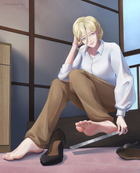 1girl absurdres barefoot blonde_hair blue_eyes crescentzz feet foot_focus highres kantai_collection long_hair mature_female richelieu_(kancolle) ruler shoes soles toes unworn_shoes