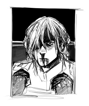 1boy absurdres blood commission commissioner_upload greyscale hair_between_eyes highres kenneth_del_duca long_hair looking_at_viewer male_focus monochrome non-web_source nosebleed original poster_parody raging_bull robert_de_niro russo-ukrainian_war serious sketch solo upper_body veli