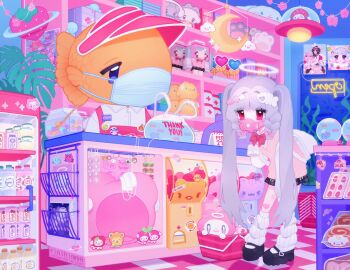 Rule 34 | 1girl, 1other, absurdly detailed composition, apollo (rinihimme), backpack, badge, bag, bent over, block (minecraft), braid, button badge, candy, charm (object), convenience store, crafting table (minecraft), explosive, fish, fish skeleton hair ornament, food, gas mask, gashapon, grey hair, hair ribbon, halo, highres, indoors, kiiroitori, kirby, kirby (series), konpeitou, kuchipatchi, loaded interior, long hair, mametchi, mask, memetchi, minecraft, minecraft (style), nintendo, original, pocky, quad tails, red eyes, redrawn, respirator, ri2.0 (rinihimme), ribbon, rinihimme, san-x, shop, shopping basket, tamagotchi, tnt, tnt block (minecraft), very long hair, vest, visor cap