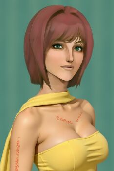 ai-assisted alternate_costume breasts chest_tattoo dress highres ish33r large_breasts nel_zelpher red_hair red_tattoo short_hair star_ocean star_ocean:_till_the_end_of_time strapless strapless_dress tattoo