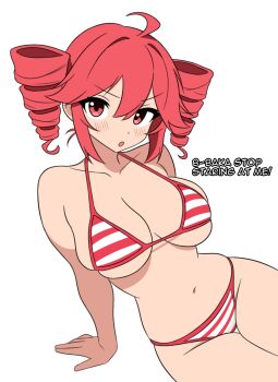 1girl 64vii ahoge arm_support bare_shoulders bikini blush breasts cleavage collarbone commentary cowboy_shot cropped_legs drill_hair english_commentary groin hair_between_eyes highres kasane_teto large_breasts leaning leaning_to_the_side legs looking_at_viewer navel open_mouth red_eyes red_hair simple_background sitting skindentation solo stomach striped_bikini striped_clothes swimsuit thick_thighs thighs twin_drills underboob utau white_background yokozuwari