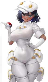 1girl absurdres aether_foundation_employee aether_foundation_employee_(female) aether_foundation_uniform b-pang blue_eyes blush breasts covered_navel dark-skinned_female dark_skin elbow_gloves fang gloves hand_on_own_hip hat highres holding holding_poke_ball jumpsuit large_breasts looking_at_viewer nintendo open_mouth poke_ball poke_ball_(basic) pokemon pokemon_sm pouch short_hair short_sleeves simple_background smile solo thighs white_background white_gloves white_hat white_jumpsuit wide_hips