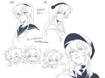 1girl chinese_commentary closed_mouth commentary greyscale hairband jacket jiguang_haibao koishikawa_iko long_hair looking_at_viewer monochrome multiple_views sailor_collar scar scar_across_eyebrow scar_on_face shy_(series) simple_background teeth translation_request