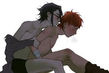 2boys alternate_hairstyle black-framed_eyewear black_hair black_male_underwear blush boxer_briefs boxers closed_eyes cuntboy from_side front-to-back fushimi_saruhiko glasses highres k-project male_focus male_underwear mastectomy_scar multiple_boys nipples open_mouth orange_hair scar scar_on_chest short_hair simple_background sitting skinny treslech3s undercut underwear white_background yata_misaki