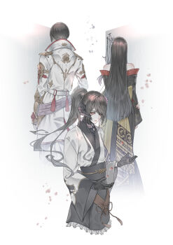 1boy 1girl 1other armor asahi_sas_brutus au_ra black_hair black_horns black_scales bowl_cut brother_and_sister commission commissioner_upload facing_away final_fantasy final_fantasy_xiv flower gloves hair_flower hair_ornament high_ponytail highres horns hyur izumi_tol_amulius japanese_armor japanese_clothes kimono long_hair looking_at_hands ponytail red_trim ryokuyuu scales short_hair siblings simple_background skeb_commission yotsuyu_goe_brutus yukata