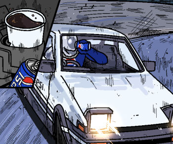 1boy blue_bodysuit bodysuit can car commentary cup disposable_cup drink drink_can english_commentary faceless holding holding_can initial_d jazz_jack motor_vehicle pepsi pepsiman soda soda_can superhero_costume toyota toyota_sprinter_trueno vehicle_focus
