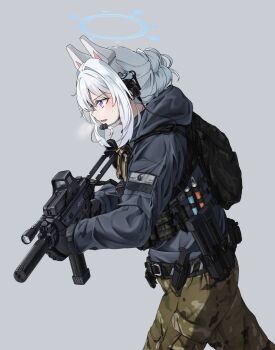 1girl animal_ear_hairband animal_ears b&amp;t_apc blue_archive blue_halo blue_hoodie blue_jacket clov3r commentary fake_animal_ears green_pants grey_background gun hairband halo headset highres holding holding_gun holding_weapon hood hoodie jacket long_hair miyako_(blue_archive) pants purple_eyes rabbit_ear_hairband rabbit_ears simple_background solo submachine_gun weapon white_hair