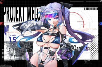 1girl absurdres bare_hips bikini blue_eyes breasts candy cleavage food highres indie_virtual_youtuber lollipop melody_(projektmelody) purple_hair see-through_clothes swimsuit thighhighs twintails uhen underboob virtual_youtuber visor_cap