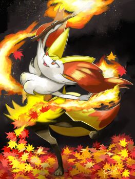 1other animal_ear_fluff animal_ears animal_feet animal_nose arms_up artist_name autumn_leaves black_background black_fur body_fur braixen fang fire fox_ears fox_tail furry gen_6_pokemon happy highres holding holding_stick leaf leg_up looking_up multicolored_fur neck_fur nintendo open_mouth other_focus outstretched_arms piora pokemon pokemon_(creature) pyrokinesis red_eyes signature smile snout solo standing standing_on_one_leg stick tail white_fur yellow_fur