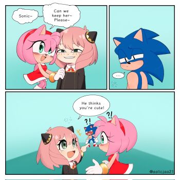 3koma aalicjaa21 amy_rose anya_(spy_x_family) blue_fur blue_hair blush bracelet child comic crossover dress gloves green_eyes highres jewelry medium_hair pink_fur pink_hair school_uniform sega shoes shounen_jump smile socks sonic_(series) sonic_the_hedgehog spy_x_family wit_studio