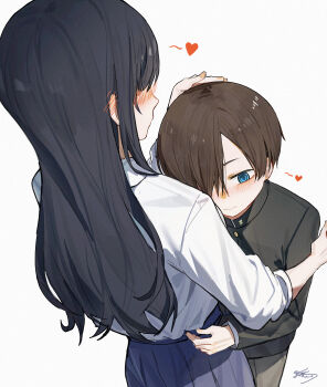 1boy 1girl absurdres black_hair blue_background blue_eyes blue_skirt blush boku_no_kokoro_no_yabai_yatsu chinese_commentary closed_mouth collared_shirt commentary_request gakuran gradient_background hair_over_one_eye headpat heart height_difference hetero highres hug ichikawa_kyoutarou long_hair long_sleeves ringed_eyes school_uniform shirt short_hair signature skirt white_shirt yamada_anna yisjhui