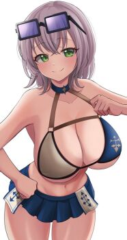 1girl bikini bikini_skirt black-framed_eyewear blue-tinted_eyewear blue_bikini blush breasts cleavage closed_mouth collarbone commentary_request cowboy_shot crossed_bangs eyewear_on_head green_eyes grey_bikini grey_hair hair_between_eyes hand_on_own_hip hand_up hololive large_breasts looking_at_viewer multicolored_bikini navel official_alternate_costume ramkilog shirogane_noel shirogane_noel_(summer_2020) short_hair simple_background smile solo sunglasses swimsuit thighs tinted_eyewear two-tone_bikini virtual_youtuber white_background