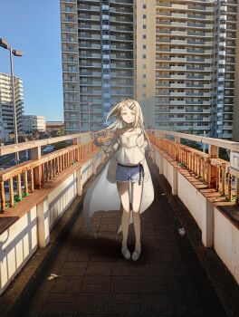 1girl absurdres bare_legs bare_shoulders blonde_hair camisole collarbone colored_eyelashes commentary_request denim denim_shorts floating_hair full_body gakuen_idolmaster hair_ornament hairclip highres idolmaster light_smile looking_at_viewer mochi194745 orange_eyes outdoors parallel_hairclips partial_commentary photo_background real_world_location robe rope_belt shinosawa_hiro shoes short_shorts shorts solo white_camisole white_robe white_shoes