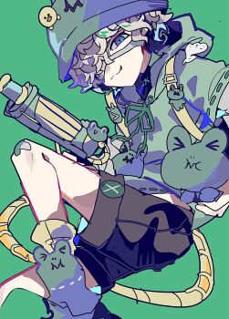 1boy :3 bandage_over_one_eye black_shorts blonde_hair blue_eyes bucket_hat curly_hair fang feet_out_of_frame florian_brand florian_brand_(leonard) frog frog_hat green_background green_hat green_hoodie hat highres hood hoodie identity_v looking_at_viewer male_focus mdr_31 official_alternate_costume shorts solo tied_hoodie_strings water_gun