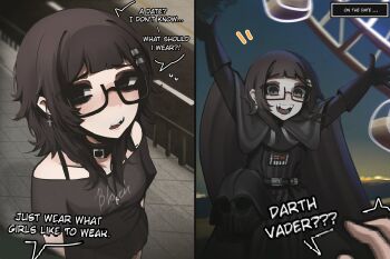 1girl armor bare_shoulders black-framed_eyewear black_cape black_choker black_eyes black_gloves black_hair black_helmet black_shirt blunt_bangs cape choker commentary corrupted_twitter_file cosplay cross cross_earrings cross_necklace darth_vader darth_vader_(cosplay) dating earrings english_commentary english_text glasses gloves hair_ornament hairclip helmet highres jewelry looking_at_viewer medium_hair mikuneki necklace open_mouth original parallel_hairclips pov riyo_kaede_(mikuneki) semi-rimless_eyewear shirt smile star_wars talking under-rim_eyewear