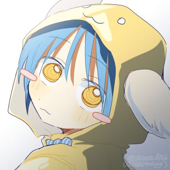 Rule 34 | 1girl, animal ears, blue hair, blush stickers, from behind, galaxy angel, highres, hood, hood up, looking at viewer, looking back, mint blancmanche, nm shirasu, raincoat, short hair, simple background, solo, twitter username, upper body, yellow eyes, yellow raincoat
