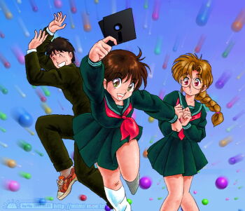 Rule 34 | 1boy, 2girls, 3d background, ^ ^, akira m, arm up, arms up, artist name, black hair, black sailor collar, black serafuku, black shirt, black skirt, braid, braided ponytail, brown eyes, brown hair, closed eyes, dated, floppy disk, gakuran, glasses, green jacket, green pants, hands up, holding floppy disk, jacket, long hair, looking at another, multiple girls, neckerchief, open mouth, orange shoes, orb, original, pants, parted lips, pleated skirt, red eyes, red neckerchief, round eyewear, sailor collar, school uniform, serafuku, shirt, shoes, short hair, single braid, skirt, smile, sneakers, socks, standing, standing on one leg, thighhighs, watermark, web address, white socks, white thighhighs