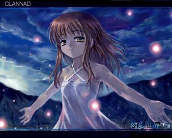 Rule 34 | 00s, brown eyes, brown hair, clannad, dress, girl from the illusionary world, key (company), mutsuki (moonknives), outstretched arms, solo, sparkle, spread arms
