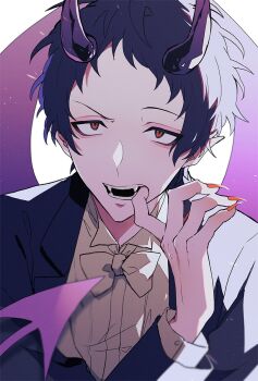1boy adachi_tooru black_hair black_horns black_jacket bow bowtie commentary_request demon_horns demon_tail fangs finger_in_own_mouth fingernails hand_up highres horns jacket long_fingernails long_sleeves looking_at_viewer male_focus mouth_pull open_mouth orange_eyes orange_nails persona persona_4 pointy_ears shirt short_hair solo tail white_background white_bow white_bowtie white_shirt zeka_(skzk_cm)