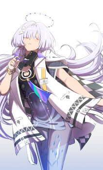 1girl absurdres breasts colored_eyelashes covered_navel dress earrings gradient_clothes gradient_dress grey_hair hair_ornament hair_over_one_eye halo hand_up highres id_card jacket jewelry long_hair looking_at_viewer mornye_(wuthering_waves) purple_dress red_eyes samacho see-through_body small_breasts solo triangle_earrings white_jacket wuthering_waves