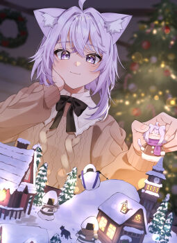 1girl absurdres ahoge alternate_costume amesui animal_ear_fluff animal_ears black_bow black_bowtie bow bowtie brown_sweater cat cat_ears cat_girl christmas christmas_ornaments christmas_tree commentary figure highres holding hololive house light_smile model nekomata_okayu onigirya_(nekomata_okayu) purple_eyes purple_hair snow sweater town tree virtual_youtuber