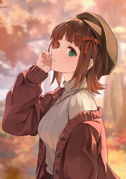 1girl absurdres amami_haruka b1ack_illust beret blurry blurry_background bow breasts brown_cardigan brown_hair brown_hat cardigan day fingernails from_side green_eyes hair_bow hand_up hat highres idolmaster idolmaster_(classic) long_sleeves looking_at_viewer looking_to_the_side open_cardigan open_clothes outdoors parted_lips red_bow short_hair sideways_glance solo sweater turtleneck turtleneck_sweater upper_body