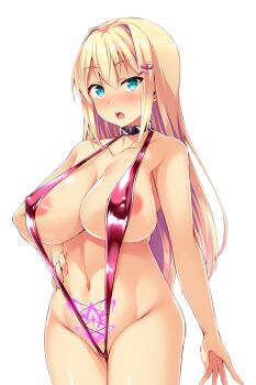 1girl aqua_eyes areola_slip arm_at_side ayazaki_shizuku bare_shoulders blonde_hair blue_eyes blush breasts cleavage collar collarbone covered_erect_nipples cowboy_shot earrings female_pubic_hair game_cg groin hair_between_eyes hair_intakes hair_ornament hairclip hand_on_own_hip heart heart_hair_ornament huge_breasts jewelry large_variant_set long_hair looking_at_viewer navel non-web_source nose_blush official_art one-piece_swimsuit open_mouth pink_one-piece_swimsuit pubic_hair pubic_tattoo satou_kuuki sidelocks simple_background slingshot_swimsuit solo soukou_seiki_ysphere standing stomach stud_earrings sweatdrop swimsuit tattoo teeth transparent_background variant_set white_background